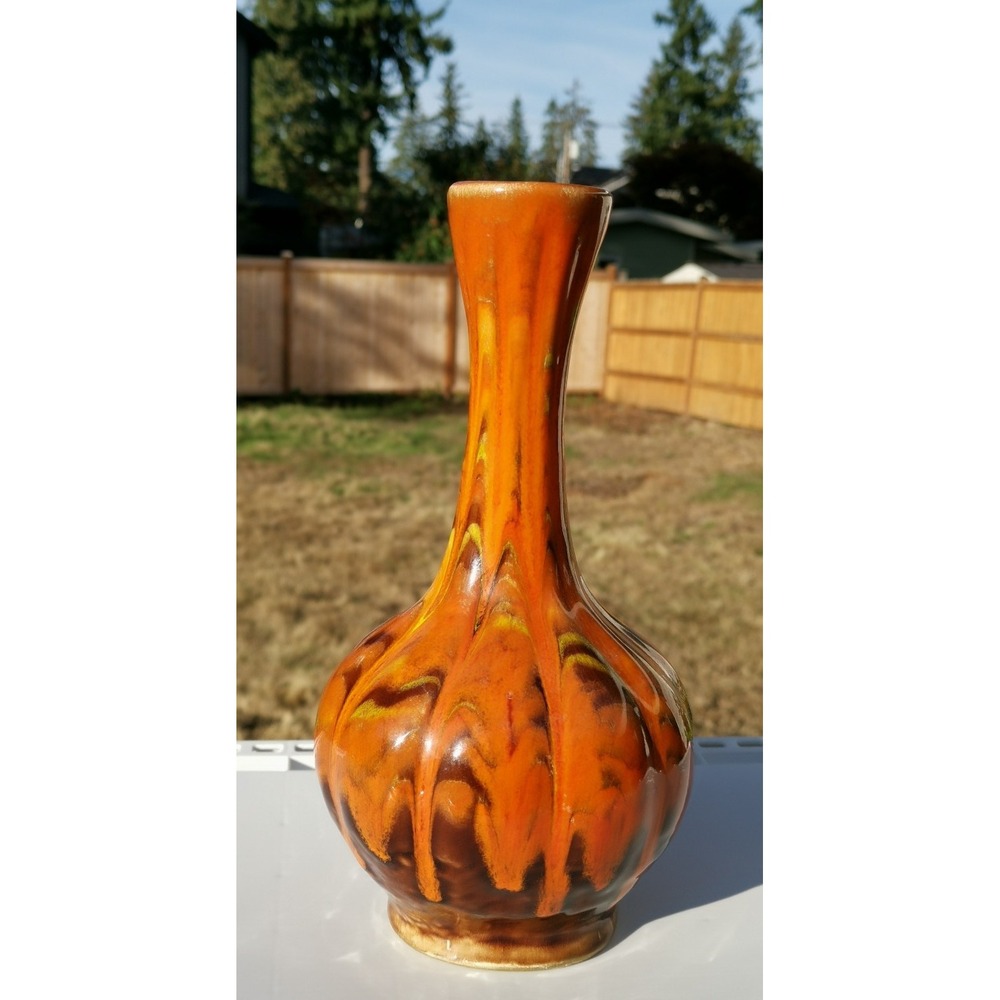 vintage Mid Century Modern orange brown drip lava vase H 10"